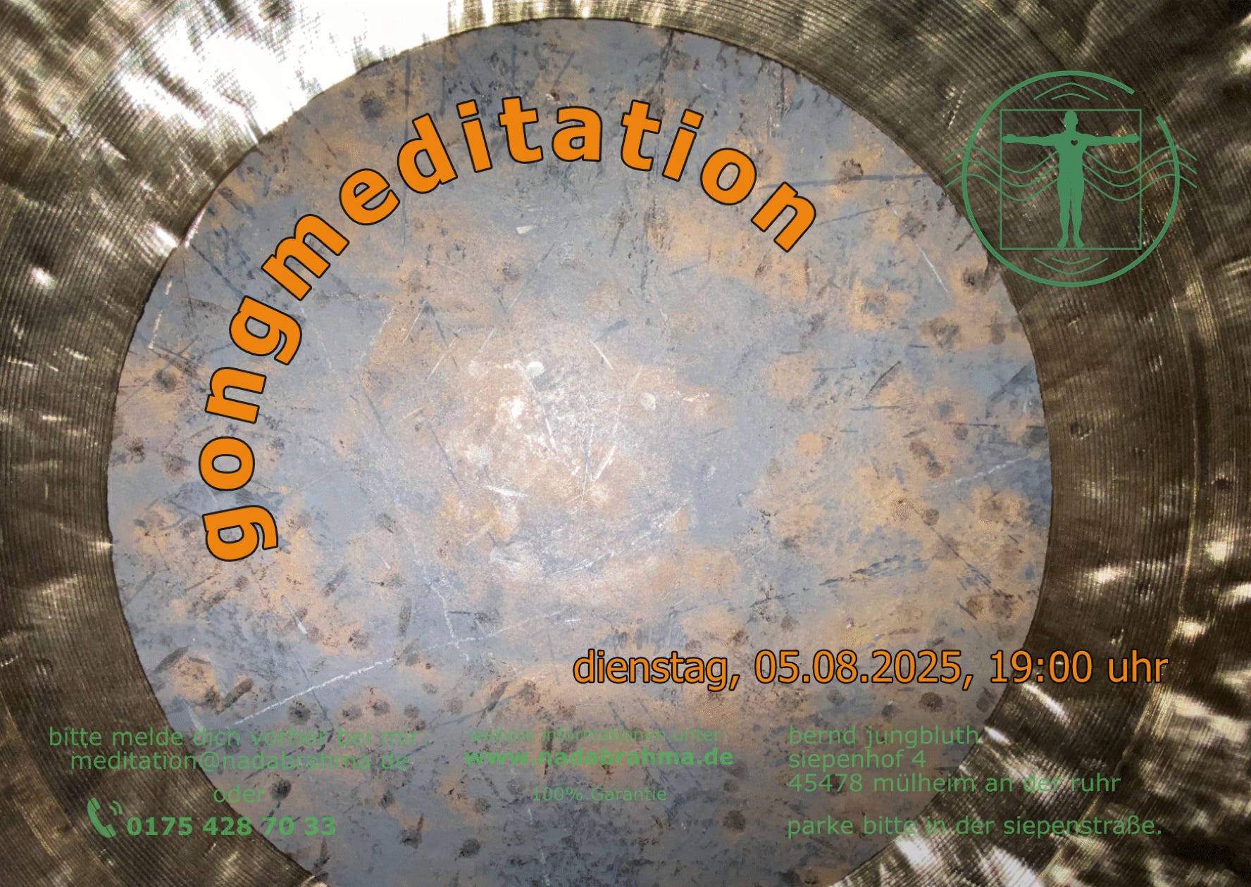 Die nächste Gongmeditation findet zum angegebenen Datum, in meinem Atelier, Siepenhof 4, 45478 Mülheim an der Ruhr, statt.